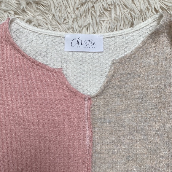 Christie Jenny Boston Waffle Notch Collar Waffle Top 💗 Pink Oatmeal & White - Picture 8 of 15